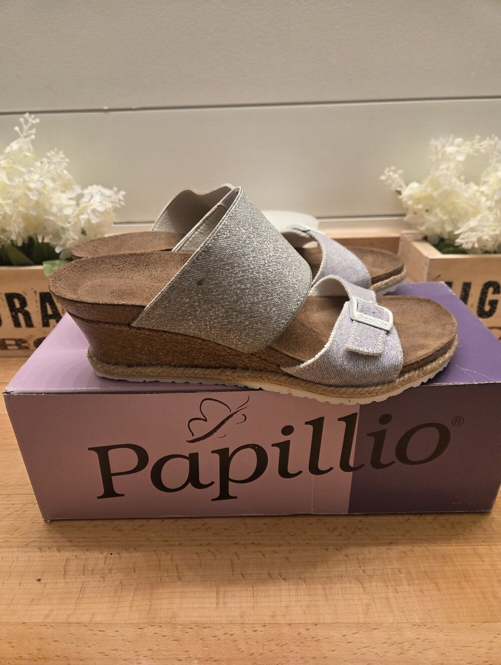Birkenstock Papillio Della Slide Wedge Sandals Gray/White Women's Size EU 38